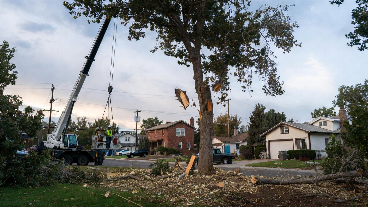 Crane-assisted tree removal